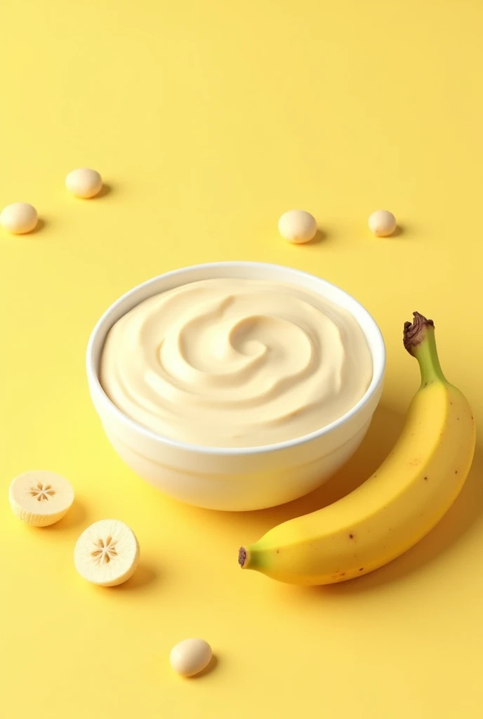 Banana flavored soy yoghurt with image of soybean and banana with pale yellow color