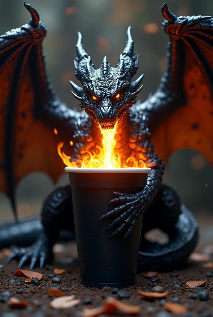 A black dragon around a black disposable cup, breathing fire
