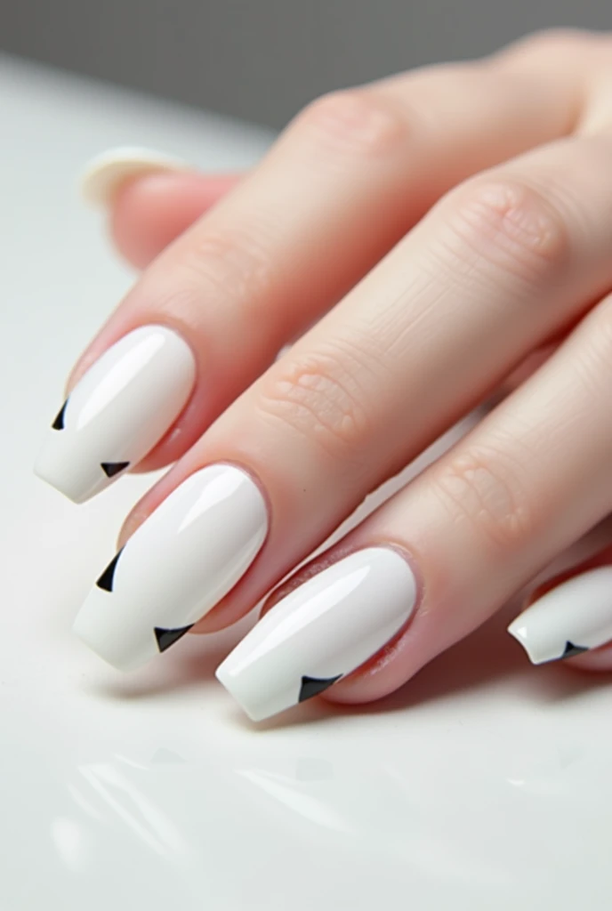 White Gel Nails, 1cm Long, Squoval, decentered black decorative lacquer edging