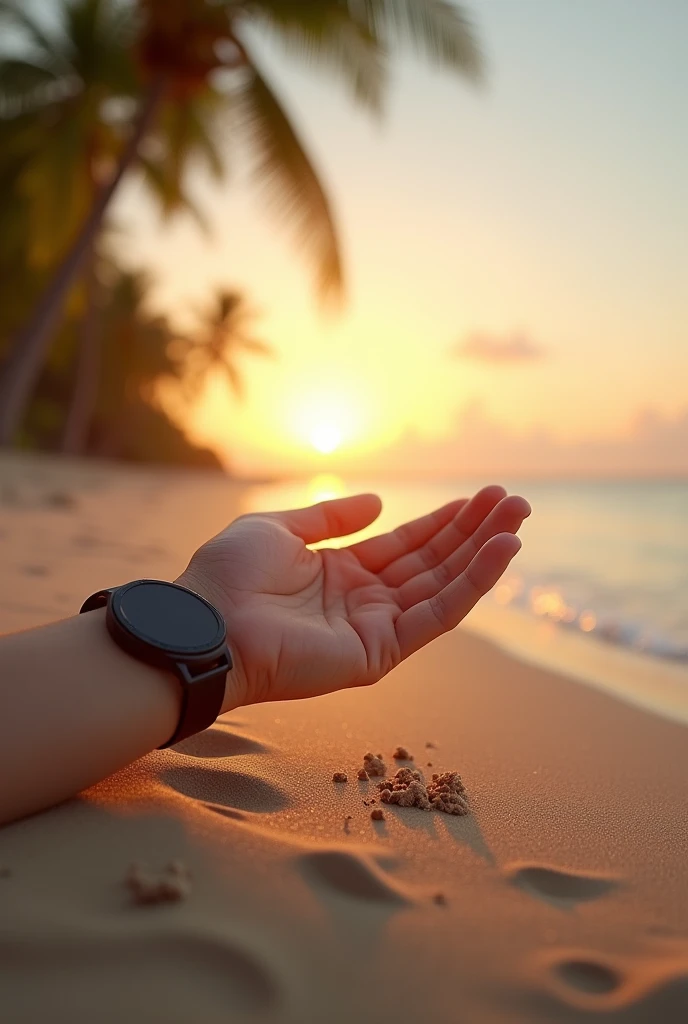 Beach palm trees relax sunrise playing filtering sands through hand no ladies only hand hand in side samsung  smart watch in wrist some samds on hand small hand

