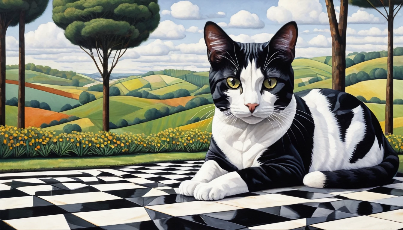 Landscape with geometric shapes of a checkered cat, somewhat realistic