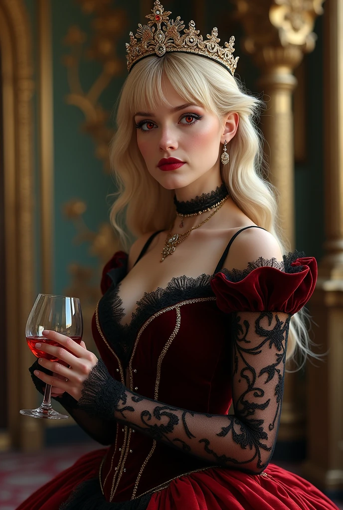 Victorian young woman,long hair, blonde hair, hair bangs, Victorian clothing, red and black clothing, very rich clothing, royal clothing, red eyes,mean face, expensive crown, royal crown,narrow face, full lips, holds glass of wine 