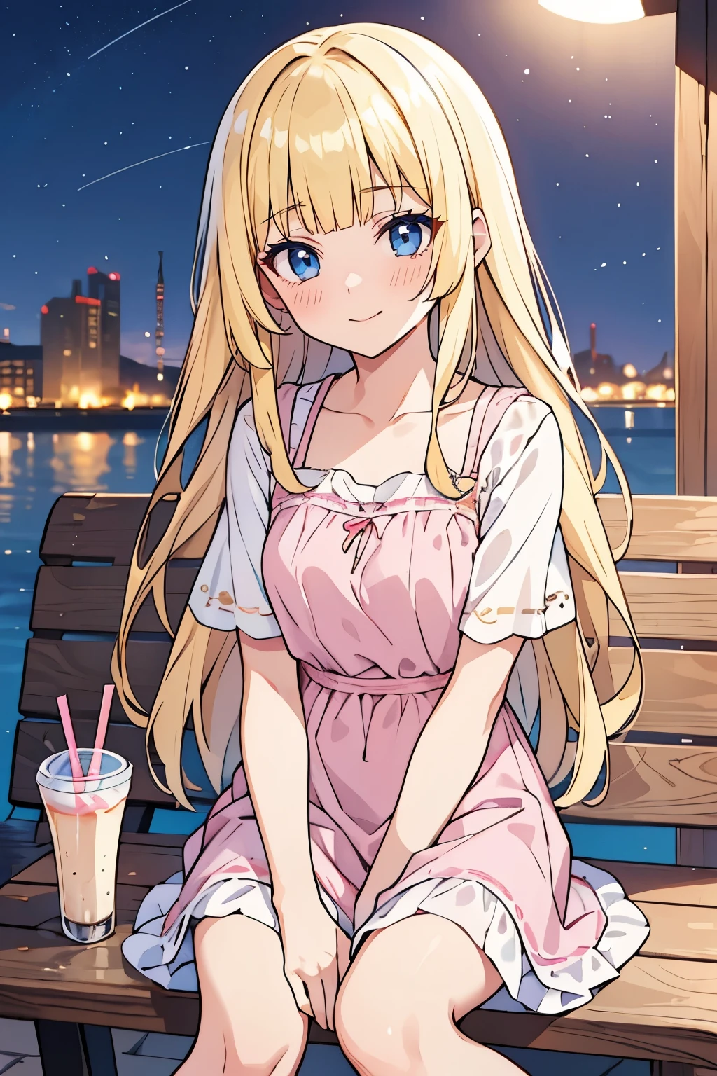 masterpiece, solo girl, (young female body:1.4), (medium small breasts), cowboy shot, flustered, yellow golden hair, extra gold long hair, thick wavy hair, hime cut, blunt bangs, crystal blue eyes, light blue detailed eyes, light pink sundress, short sleeves sundress, flowy pink dress, extra long skirt, exposed collarbones, sitting on a bench, night time summer festival, night festival, girl on a date, cute pink long sun dress, misa hairstyle , milkshake 