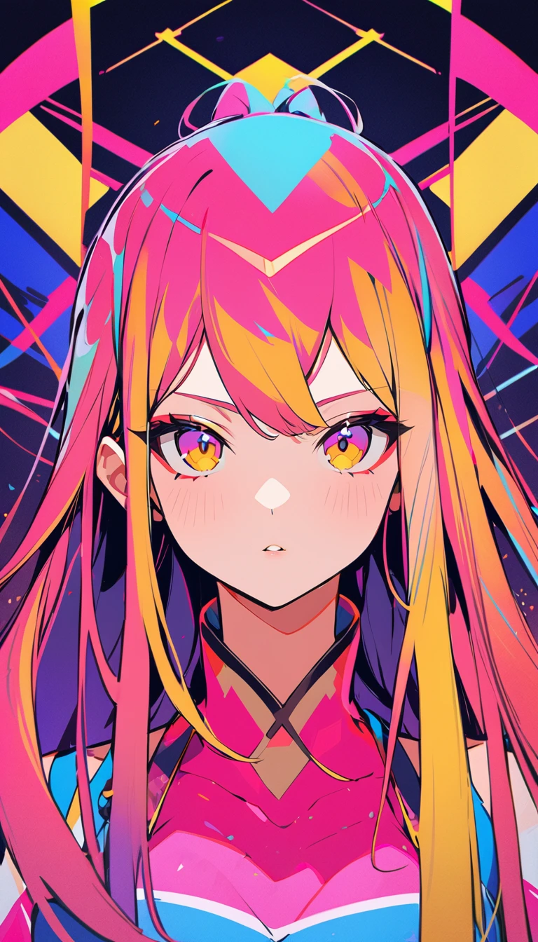 Flat Design, (portrait), 1girl, natural makeup, long hair ,yellow hair, pink streaked hair,