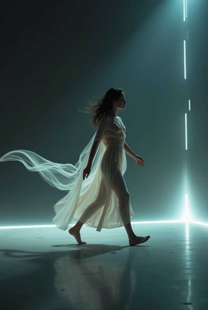 Create an image that captures a young woman walking gracefully through a dimly lit, surreal environment. The image uses a long exposure technique to create a controlled motion blur that emphasizes the fluidity of her movement. The scene should blend sharp, frozen details with the soft, dynamic trails of motion that capture the essence of her path.

In the image, the woman is dressed in a flowing outfit that accentuates her movements—perhaps a dress with long, trailing fabric or a light scarf that catches the air. The first part of the image shows the beginning of her stride, with her form slightly blurred, creating a soft, ghostly trail behind her as she moves forward. Her arm, extended forward, leaves a delicate, light-traced path in the air.

As she continues to walk, the motion blur becomes more pronounced, capturing the elegance and rhythm of her steps. The final part of the image 'freezes' her in a sharp, focused pose, with her front foot just touching the ground and her body perfectly balanced. The contrast between the blurred motion and the crisp, final pose creates a striking visual effect, highlighting both the energy and control of her movement.

The background is a minimalistic, abstract space—perhaps a dark room with subtle, geometric light patterns that add depth and interest without distracting from the subject. The lighting is carefully controlled to emphasize the motion blur, with soft, directional lights casting long shadows and accentuating the contours of her figure.

The overall effect is one of fluid motion captured in a single, cohesive image, where the past, present, and future of her walk are depicted in a seamless blend of sharpness and blur, creating a dynamic and artistic representation of controlled movement."

This prompt incorporates the long exposure and motion blur technique, with a focus on achieving a controlled yet dynamic effect that showcases the beauty of movement while keeping the final moment sharp and defined.