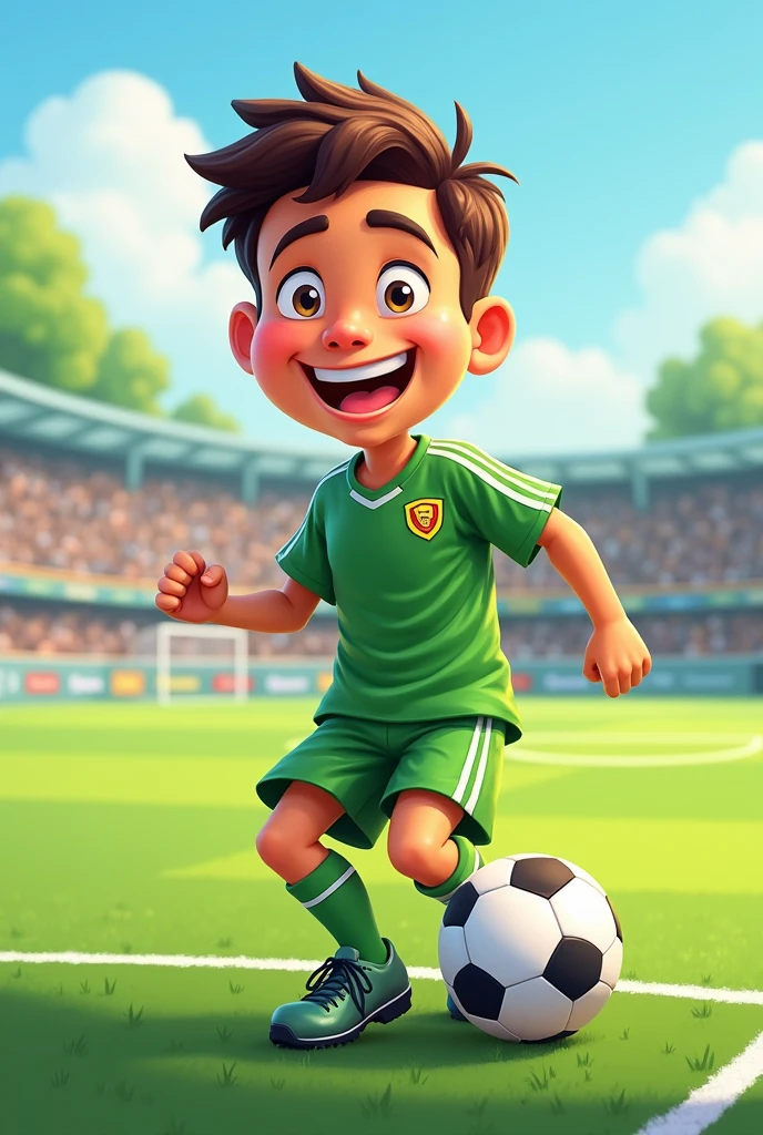 a cartoon soccer player on a soccer field wearing green player uniform, with a ball in hand