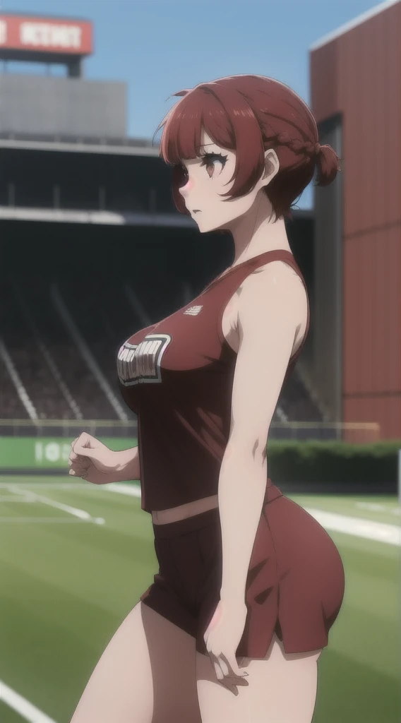 ((masterpiece)), ((best quality)), anriteieri, 1girl, breasts, short_hair, red_hair, red_eyes, solo_focus, outdoors, medium_breasts, cheerleader outfit, football court