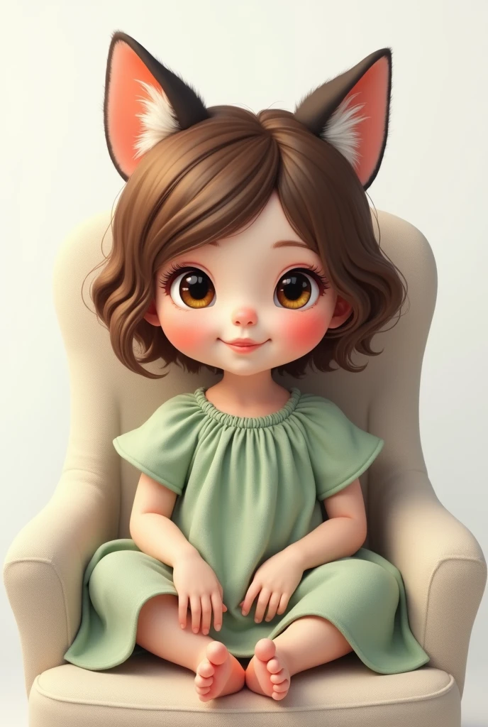  front facing Famale baby 
setting on chair female brown hair famale baby ear like cats famale baby frock colour light green
White background 