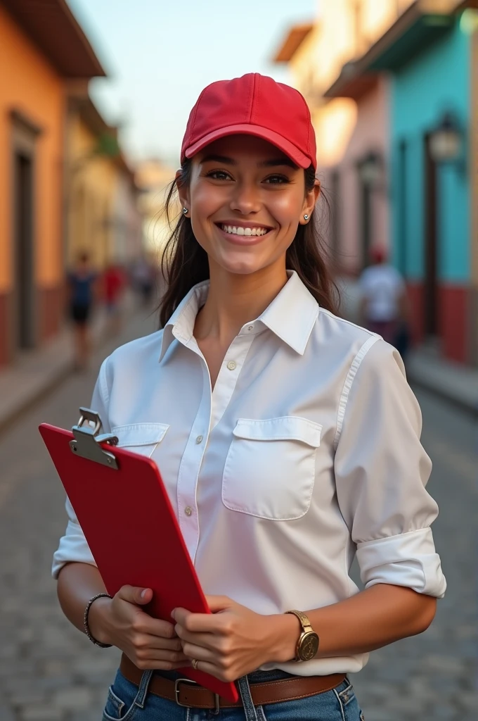 An adult woman wearing a white shirt and a red cap, this person has a red clipboard in her hand and the background is a Latin American street, looking directly at the camera with a smile 