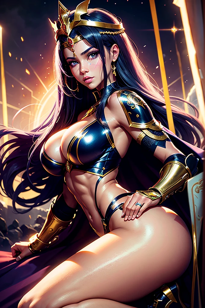 A perfect sexy, very thin, Panas, delicious and beautiful, with exuberant and very young features, extremely erotic sensual android, strong cybernetic warrior with black African and oriental features, Japanese and Chinese, Soft Face, sexy e angelical, boca muito big fit ass com lábios grossos e carnudos estilo afro bem aberta com a língua de for a bem sexy, mixed with the clone of the Greek warrior goddess Athena, with huge super ultra mega giant breasts, extremely dark-skinned with golden skin, lábios big fit asss carnudos e grossos, extremely thin waist, very tanned and sweaty, gigantic ass, big fit ass, huge ass, steep, HARD AND MUSCULOUS, Purple colored eyes, with barcode tattoos, transformed into an erotic and super sensual and extremely super ULTRA HIPER mega muscular astronaut goddess, fitness, with a huge and swollen, face perfect, bodybuilder, hypertrophied fit bodybuilder and weightlifter, very muscular thighs and super intensely muscular abdomen, administrator and leader, noble queen goddess wearing a war uniform with a sensual futuristic battle armor with a long flowing cape and an astronaut helmet and a star queen crown that is also a helmet with a brightly glowing crystal emitting light and energy on her forehead sitting on a huge and luxurious diamond-studded floating throne wearing a long dress made of light