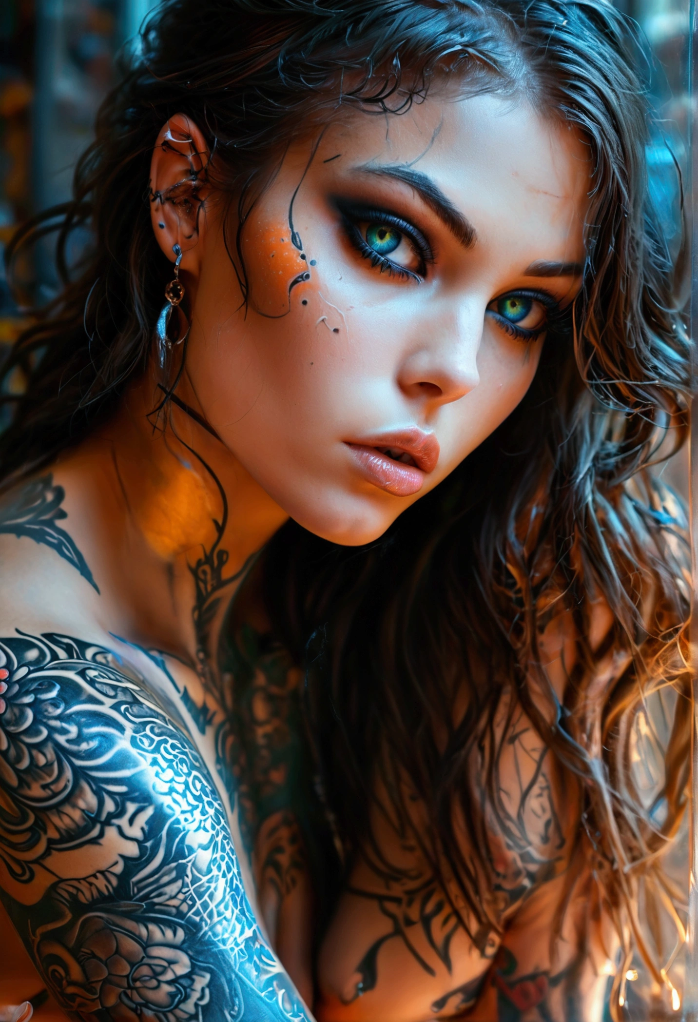 Create a hyper detailed photograph of a tattooed muscular young sexy hrgiger girl, Stunningly perfect gorgeous feminine face, perfect makeup, detailed neon eyes, long flowing hair, big beautiful muscular legs, big beautiful muscular arms, perfect hour glass body figure, detailed smooth skin, large breast, perfect round ass, complete full body portrait in view,