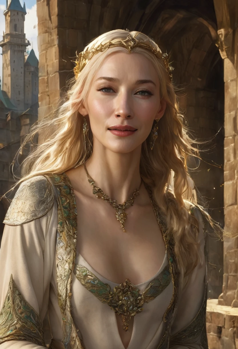NSFW, Semi-nude, Open legs wide, lure, seductive smile, Thigh-legged、((Cate Blanchett), (galadriel)), Model shooting style, Resembles Keira Knightley, (Highly detailed CG Unity 8k wallpaper), Full body photos of the most beautiful works of art in the world, Medieval witches in England, Green Voucher, Pearly skin,Golden Crown, diamond, Detailed background of medieval architecture, Professional, majestic oil painting by Ed Blinky, Atey Gailan, Studio Ghibli, director: Jeremy Mann, Greg Manzagin, Antonio Moro, Trending on Art Station, CGSociety Trends, Complex, Attention to detail, Sharp focus, dramatic, Realistic painting art by Midjourney and Greg Rutkowski