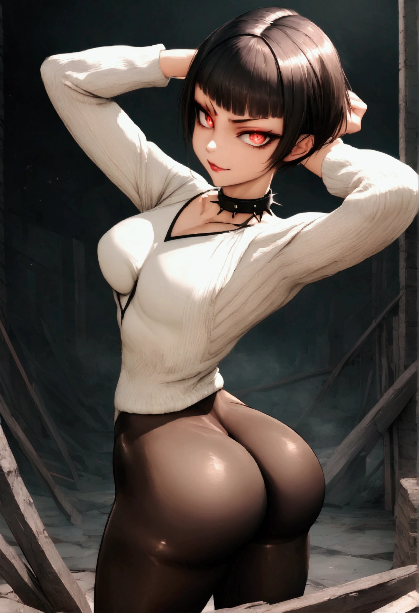 standing,alone,short hair,work of art,face detailed,young fitness linda,Wearing black pantyhose,tight white sweater with collar ,neckleace,evil smile,red eyes glowing,labiaa,eye shadow,bangs on the eyes,Hands behind the head ,Raby,nullified,tempest,citys,standing backwards,sexy ass
