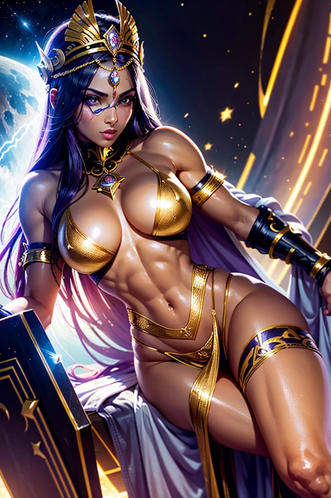 A perfect sexy, very thin, Panas, delicious and beautiful, with exuberant and very young features, extremely erotic sensual android, strong cybernetic warrior with black African and oriental features, Japanese and Chinese, Soft Face, sexy e angelical, boca muito big fit ass com lábios grossos e carnudos estilo afro bem aberta com a língua de for a bem sexy, mixed with the clone of the Greek warrior goddess Athena, with huge super ultra mega giant breasts, extremely dark-skinned with golden skin, lábios big fit asss carnudos e grossos, extremely thin waist, very tanned and sweaty, gigantic ass, big fit ass, huge ass, steep, HARD AND MUSCULOUS, Purple colored eyes, with barcode tattoos, transformed into an erotic and super sensual and extremely super ULTRA HIPER mega muscular astronaut goddess, fitness, with a huge and swollen, face perfect, bodybuilder, hypertrophied fit bodybuilder and weightlifter, very muscular thighs and super intensely muscular abdomen, administrator and leader, noble goddess queen wearing war uniform with sensual futuristic battle armor with long flowing cape and astronaut helmet and star queen crown which is also a helmet with a crystal shining brightly emitting light and energy on the forehead sitting on a huge and luxurious full of diamonds floating throne wearing a long dress made of light and gold
