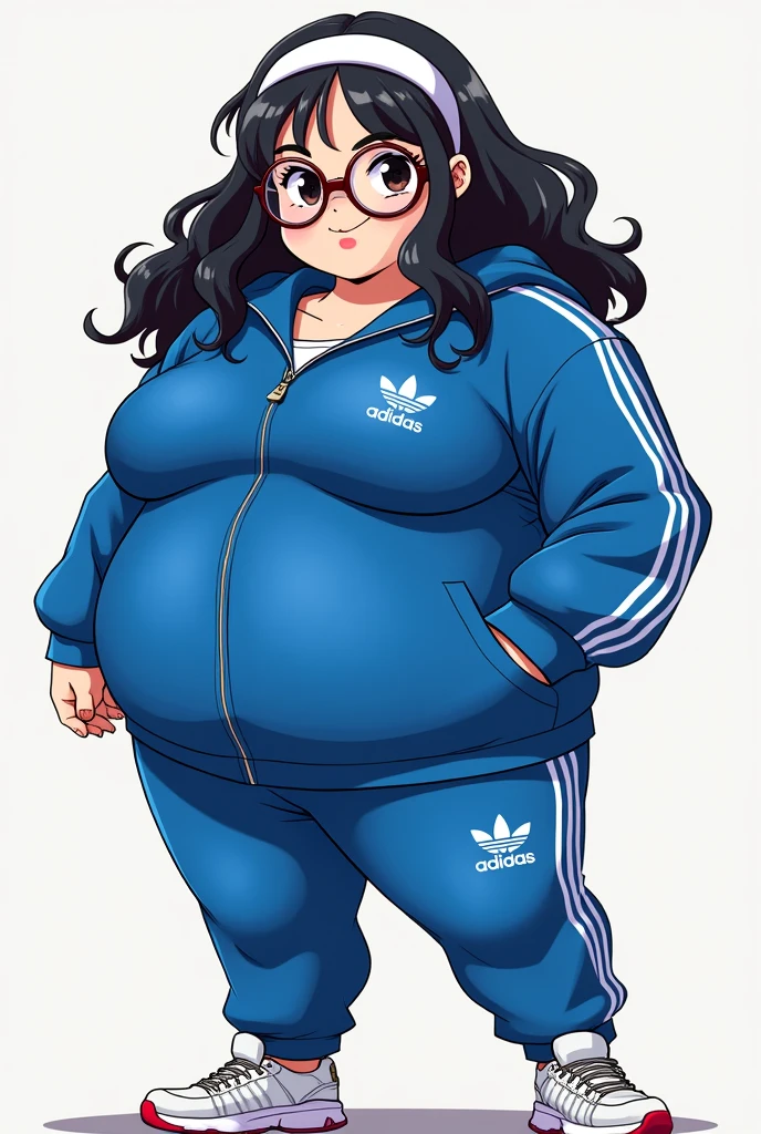 Create an anime-style caricature of a person with a larger body mass. The person has long, wavy black hair, glasses and wears a blue Adidas tracksuit and a white headband
