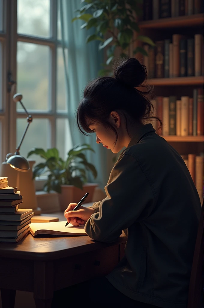 The profile view of a person sitting on a chair and writing a novel