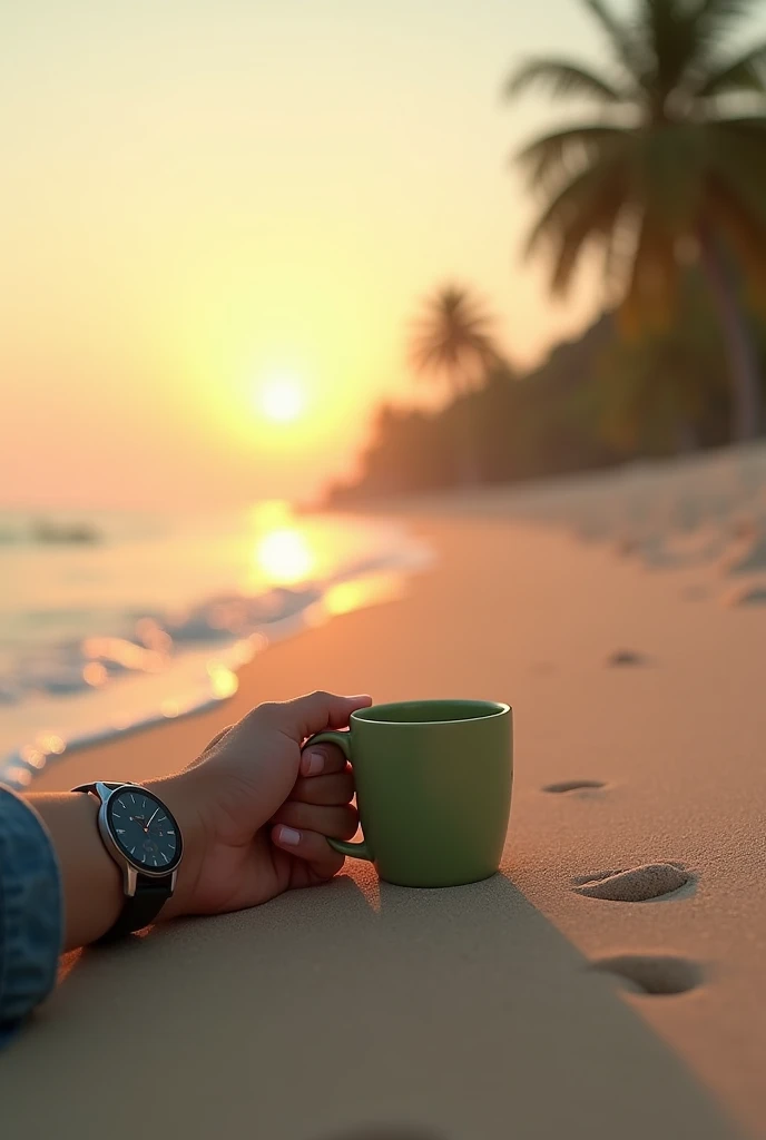 Beach palm trees relax sunrise playing filtering sands through hand no ladies only hand hand in side samsung smart watch in wrist some samds on hand small hand green coffeee mug on hand