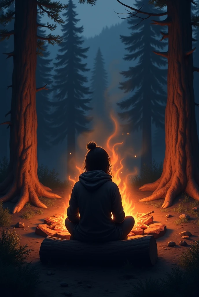sitting by the campfire , shown from behind
