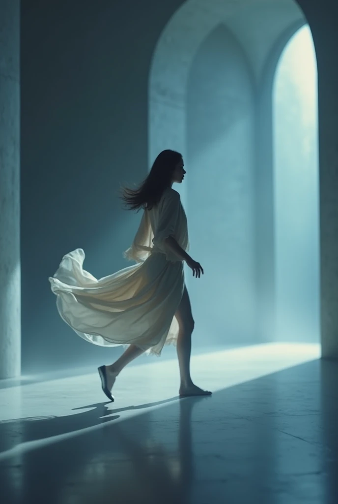 Create an image that captures a young woman walking gracefully through a dimly lit, surreal environment. The image uses a long exposure technique to create a controlled motion blur that emphasizes the fluidity of her movement. The scene should blend sharp, frozen details with the soft, dynamic trails of motion that capture the essence of her path.
In the image, the woman is dressed in a flowing outfit that accentuates her movements—perhaps a dress with long, trailing fabric or a light scarf that catches the air. The first part of the image shows the beginning of her stride, with her form slightly blurred, creating a soft, ghostly trail behind her as she moves forward. Her arm, extended forward, leaves a delicate, light-traced path in the air.
As she continues to walk, the motion blur becomes more pronounced, capturing the elegance and rhythm of her steps. The final part of the image 'freezes' her in a sharp, focused pose, with her front foot just touching the ground and her body perfectly balanced. The contrast between the blurred motion and the crisp, final pose creates a striking visual effect, highlighting both the energy and control of her movement.
The background is a minimalistic, abstract space—perhaps a dark room with subtle, geometric light patterns that add depth and interest without distracting from the subject. The lighting is carefully controlled to emphasize the motion blur, with soft, directional lights casting long shadows and accentuating the contours of her figure.
The overall effect is one of fluid motion captured in a single, cohesive image, where the past, present, and future of her walk are depicted in a seamless blend of sharpness and blur, creating a dynamic and artistic representation of controlled movement."
This prompt incorporates the long exposure and motion blur technique, with a focus on achieving a controlled yet dynamic effect that showcases the beauty of movement while keeping the final moment sharp and defined.