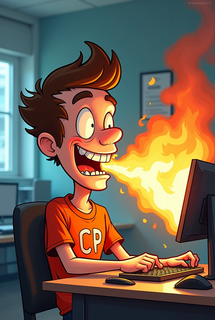 Spicy programmer cartoon where the programmer has fire coming out of his mouth or the printer, he ate something spicy, the programmer is wearing a shirt with the initials CP