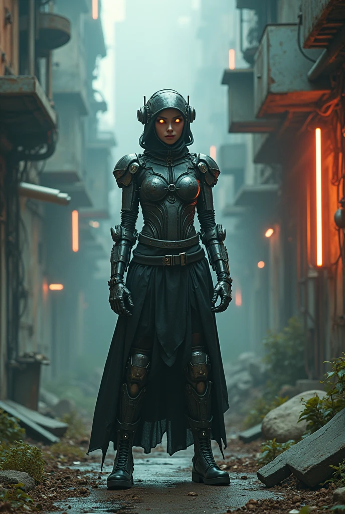 (best quality, 4k, highres), dystopian, sci-fi, metallic textures, neon lights, strong contrasts, urban decay, apocalyptic atmosphere, post-apocalyptic fashion, futuristic technology, mechanical body parts, glowing cybernetic eyes, robotic limbs, eerie silence, dusty and rusty surroundings, damaged walls and floors, broken machinery, overgrown plants, ominous shadows, mysterious darkness, cold and desolate feeling, unearthly beauty, fierce and determined expression, standing tall and confident in the midst of destruction.