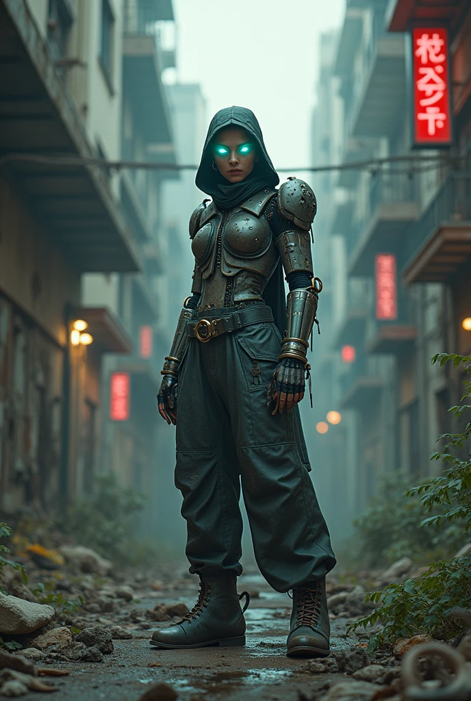 (best quality, 4k, highres), dystopian, sci-fi, metallic textures, neon lights, strong contrasts, urban decay, apocalyptic atmosphere, post-apocalyptic fashion, futuristic technology, mechanical body parts, glowing cybernetic eyes, robotic limbs, eerie silence, dusty and rusty surroundings, damaged walls and floors, broken machinery, overgrown plants, ominous shadows, mysterious darkness, cold and desolate feeling, unearthly beauty, fierce and determined expression, standing tall and confident in the midst of destruction.