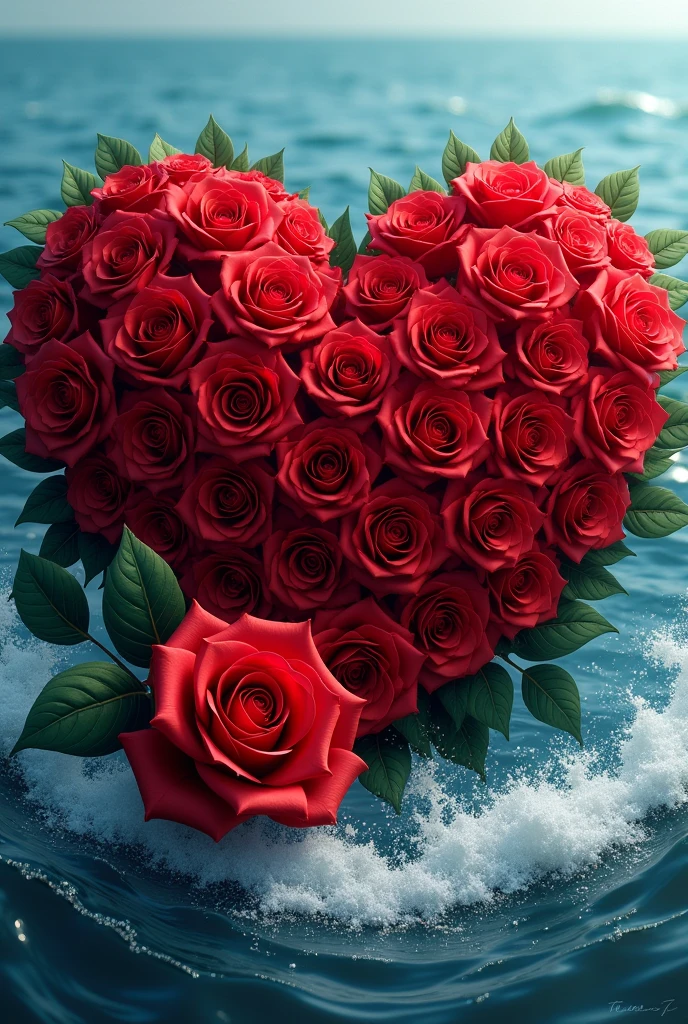 Bookey of 50 red roses in love shape in a ocean with sea foam also there should be a big red rose with some leafes in the lower corner of the heart of the bookey on the love shape Not too low it should be like little upper from the lower corner