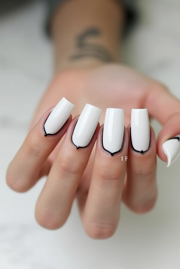 White Gel Nails, 1cm Long, Squoval, decentered black decorative lacquer edging 