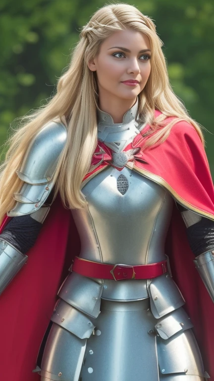 A movie poster depicting a female knight wielding a sword on a battlefield with the words "SeaArt x infinity" written in large letters in the center, ((masterpiece, top quality, high resolution, highly detailed CG unified 8K wallpaper)), (huge stunning goddess shot, very hot and sexy, jaw dropping beauty, perfect proportions, beautiful body, slim body beauty:1.3), (A medieval female knight in luminous armor:1.5), (Her long blond hair is tied back, Wearing armor on bare skin, red cape on back, harnessed in finely crafted, detailed armor, with a sword hanging from a thick belt:1.5), Visible thighs, view from above, female knight, elf ears, cleavage, thigh, short skirt, sexy