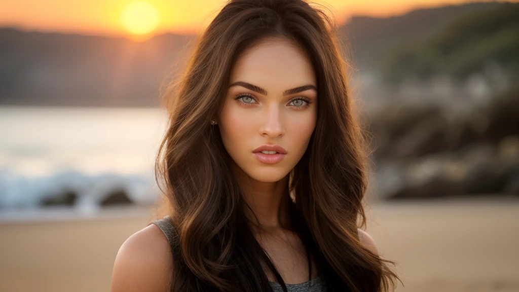 beautiful model brunette, long brown hair, wavy hair, wearing a bikini, from front view (standing on a beach at sunset), highy detailed, 20 years old, beautiful face, beautiful body, natural wavy hair, greenish brown eyes, high resolution, work of art, excellent quality, complexdetails, extremely detaild, sharp focus, skin detailed, skin black, realisitic texture skin, texture, detailedeyes, large aperture, Fujifilm color vision, perfectbody, extremely detaild with beautiful curves, photoshot_(ultra), photoshot realisitic, realisitic, Post-processing, Maximum details, roughness, real-life, ultra realisitic, 8k hd, full body shot for shooting warm, golden lighting in the foreground