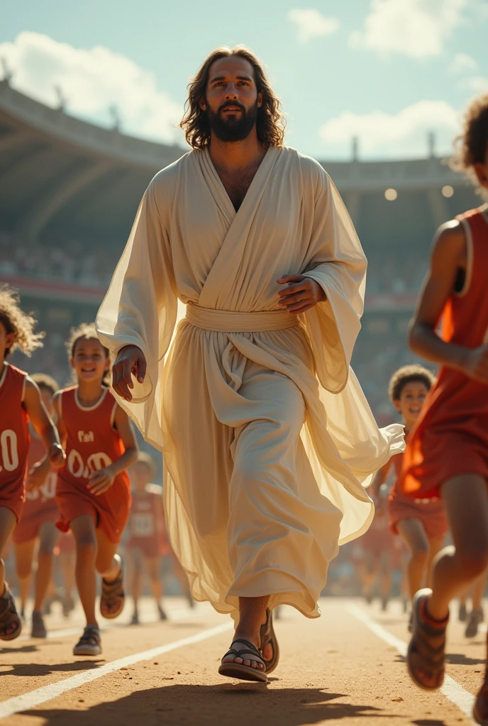 Jesus in the Olympic Games with children running


