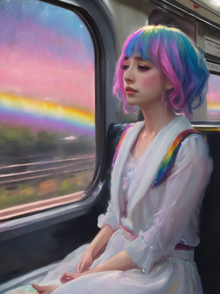 sargent,1girl,solo,light particles,swirling lights,,bloom,romanticized,detailed,8k,best quality,masterpiece,highres, Pastel Rainbow hair, full body, dewy,crying pastel rsinbows,white eyelashes,soft hair,soft eyelashes,painting,sitting on train seat,((black crowd)),focusing on girl in train