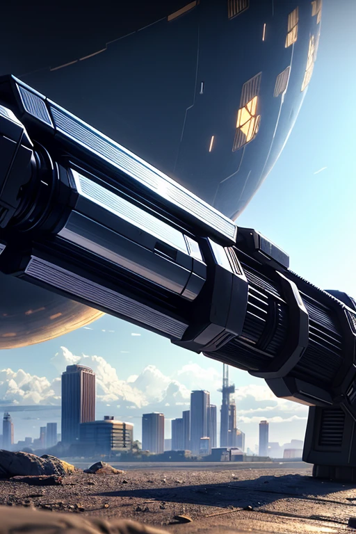 A Giant metallic future gun. The gun vibrant hues glowing. The colossal tool's enormous size renders passersby as mere ants scurrying about its base, their tiny forms dwarfed by the massive structure.