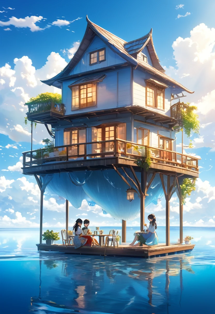 Water houses, A house floating on the sea, , A house built on a large raft in the sea, A magnificent and beautiful fairytale house floating on the blue ocean waves, Beautiful scenery around, White Cloud, sun, A girl and a boy sit at a table on the balcony of their house drinking tea, high quality, high resolution, master&#39;work, masterpiece, Clear, 32K, Comic Style, Pixar