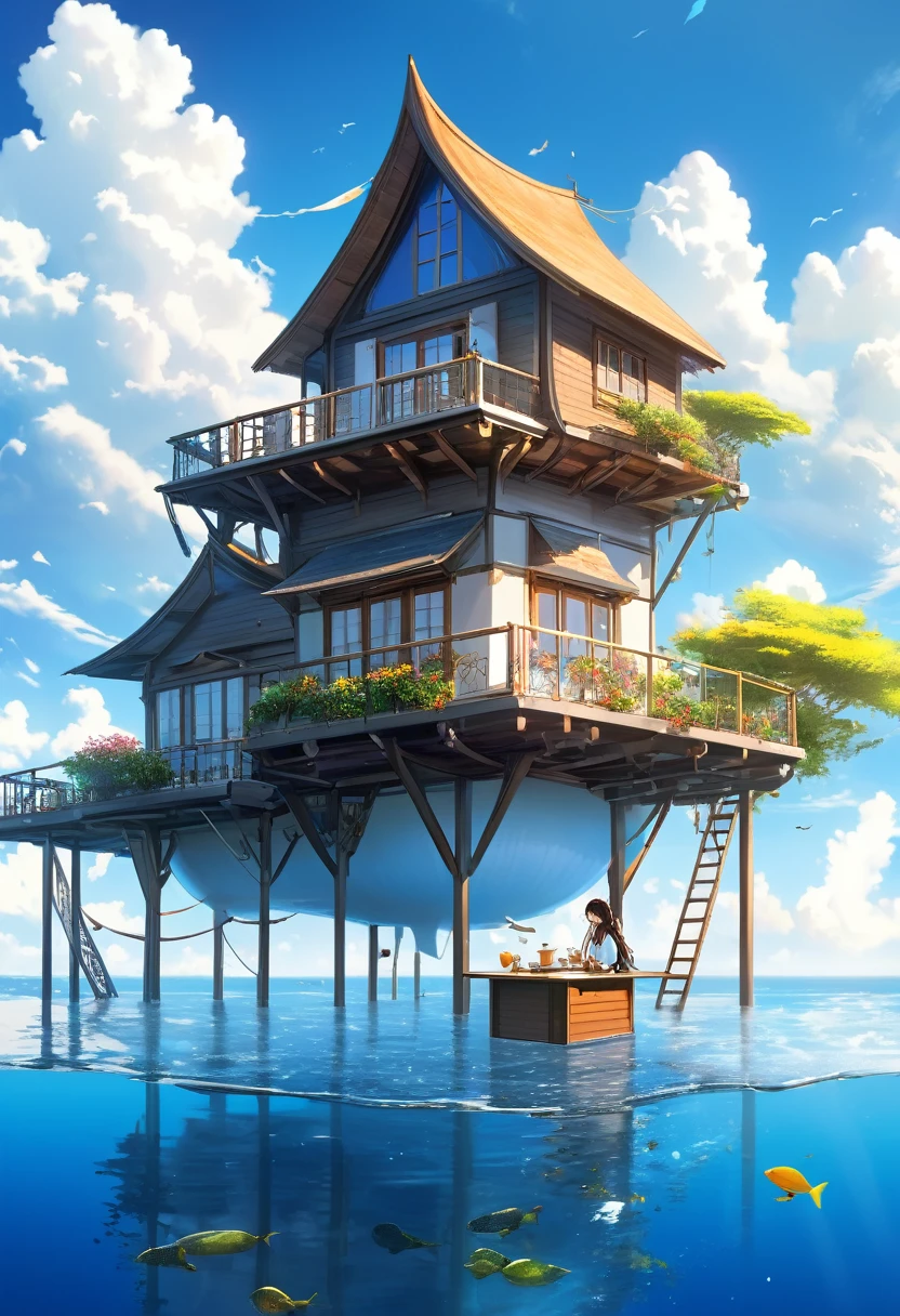 Water houses, A house floating on the sea, , A house built on a large raft in the sea, A magnificent and beautiful fairytale house floating on the blue ocean waves, Beautiful scenery around, White Cloud, sun, A girl and a boy sit at a table on the balcony of their house drinking tea, high quality, high resolution, master&#39;work, masterpiece, Clear, 32K, Comic Style, Pixar