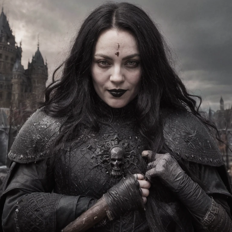 Gothic, vampires, fur armor, castle, black hair, young face, smile, female character, high detail of objects, gloomy environment, horror style,Heavy steel armor with a skull on the chest, with black inserts on the arms, and bake in a scabbard on the right hip, full height, torch in hand, crown of thorns on the head, location forest, gloomy lighting