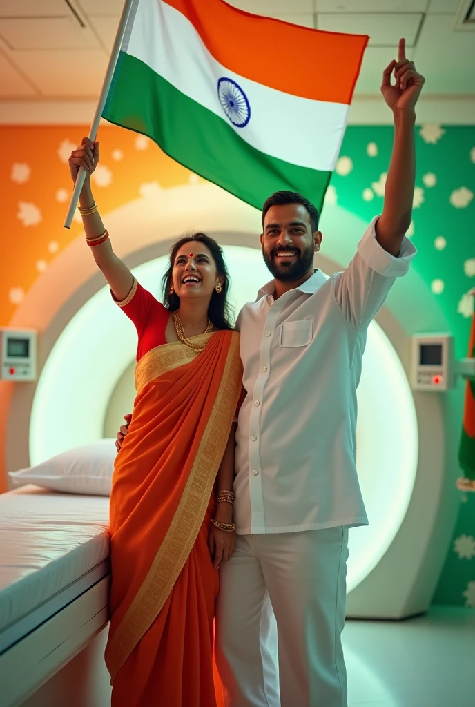 A MRI machine with its technician and background decorated with India flag colour showing technician and patient both celebrating Indian independence day