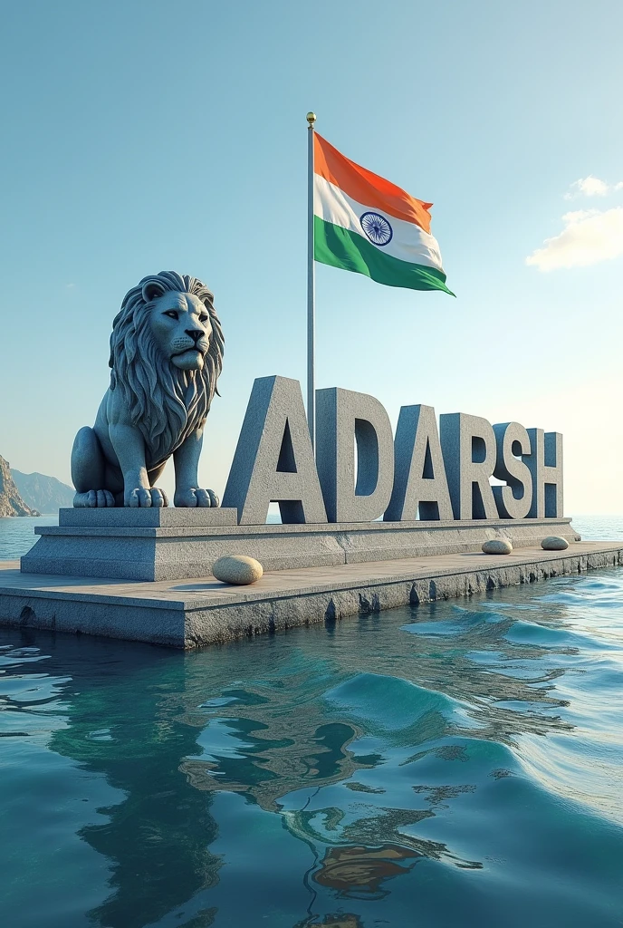 :- Name “ADARSH” real 3D sea Island background with big Indian flag , stone text capital big lio
n, stone peal. stylish in front 3D rendering, typography, 3d render,