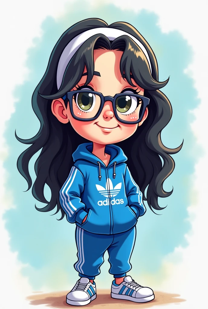 Create an anime style caricature of a person with some body mass. The person has long, wavy black hair, glasses and wears a blue Adidas tracksuit and a white headband