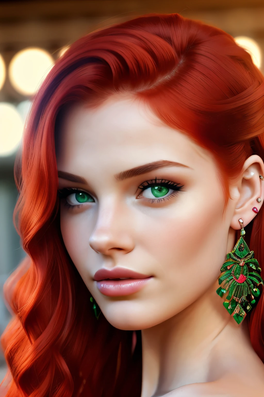 The face of a young woman, green eyes, red curls, nose piercing, ear rings, full lips, index finger in front of the lips, sexy Blick, detailed face, realistic, datailed lips