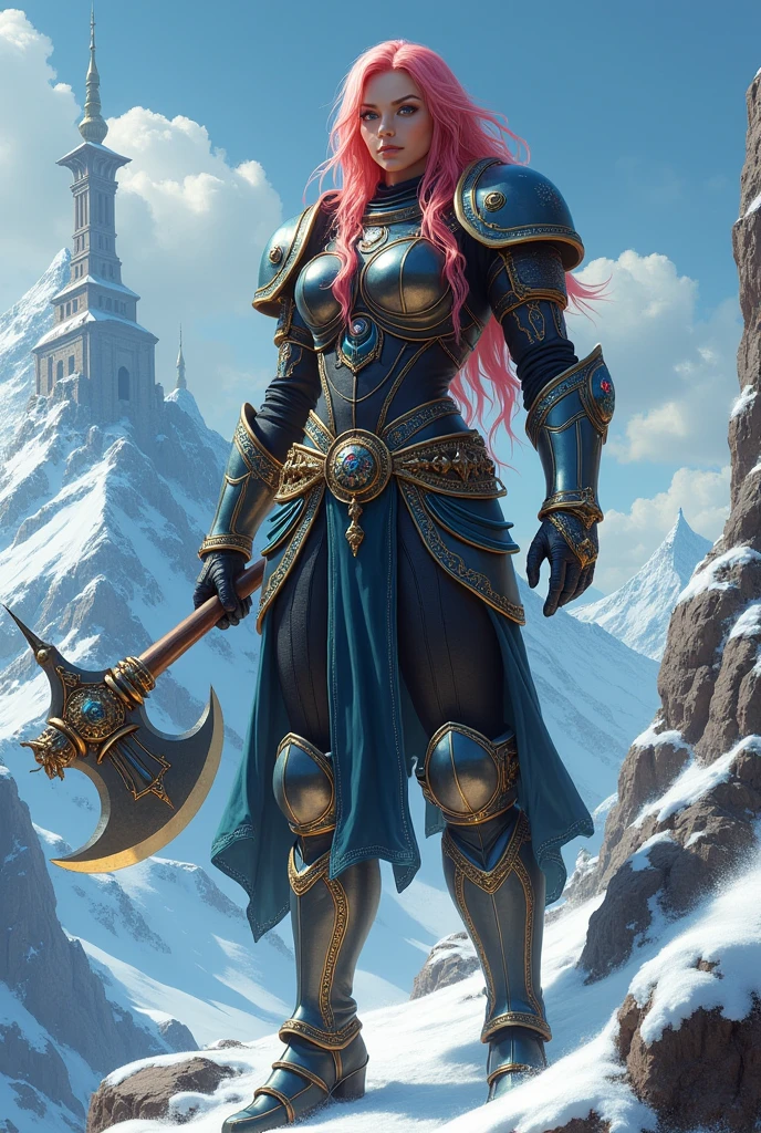 a fantasy art illustration of a  female giant knight armed with a mighty axe standing near a temple built on snowy mountain, (((she is as tall as the mountain: 1.3))) a wild beautiful, exotic beautiful giant knight, ((anatomically correct: 1.5), (ultra detailed face: 1.2), best detailed face, dynamic hair color, dynamic hair style, armed with a giant axe, shiny axe, its blade reflects the sunlight, studded with gems, wearing metal armor, wearing black leather jacket, dynamic armor color, wearing high heeled boots, standing near a fantasy temple, magnificent temple, with a tower, on snowy mountain (((she is as tall as the mountain:1.3))), vibrant, Hyperrealism style, vibrant, Ultra-high resolution, High Contrast, (masterpiece:1.5), highest quality, Best aesthetics), best details, best quality, highres, ultra wide angle, 16k, [ultra detailed], masterpiece, best quality, (extremely detailed) RAW, 