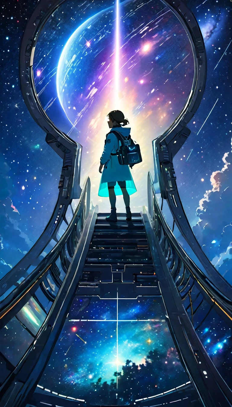 "An explorer standing on a futuristic spaceship, gazing at distant stars and galaxies, with a glowing book of wisdom in hand"