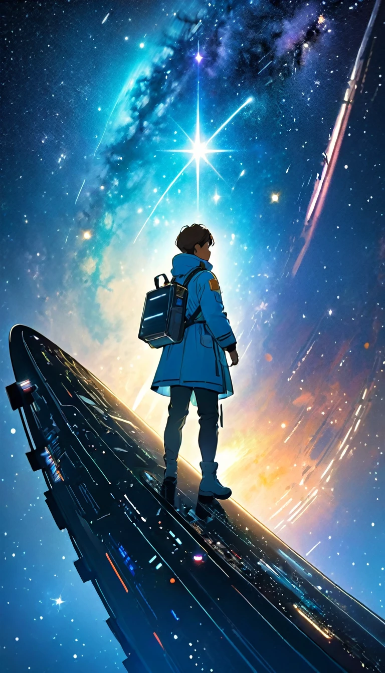 "An explorer standing on a futuristic spaceship, gazing at distant stars and galaxies, with a glowing book of wisdom in hand"