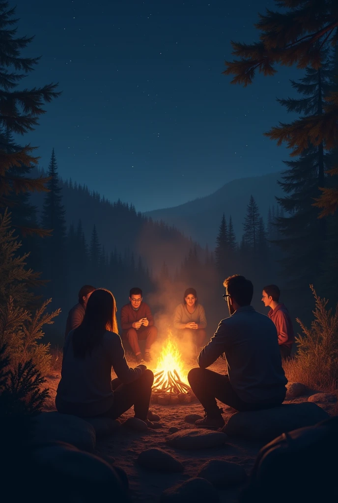 sitting by the campfire , shown from behind, a group