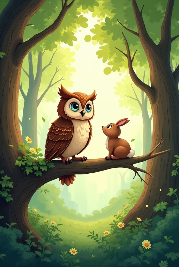 owl in a forest perched on a tree and brown rabbit, cartoons