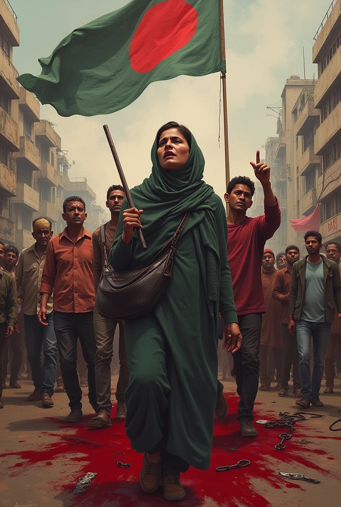 Creat a unique image that connected with Bangladeshi recent violence after going prime minister Sheikh Hasina because of killing a lot of citizens of Bangladesh. (I want to paint a wall with a unique bengali line that goes with that topic)