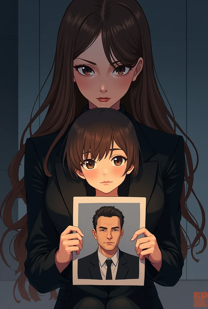 Make me a cover of a female detective with long brown hair and wearing black clothes and
 anime version Lara and her Father: A frame showing Lara as a child, Looking at a photograph of her father, a man with a strong and protective appearance.



