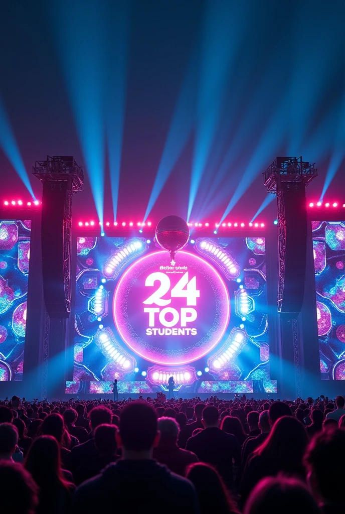 a concert stage, led lights, disco ball, led screen saying “24 TOP STUDENTS”, no people on stage, landscape screen, bigger stage