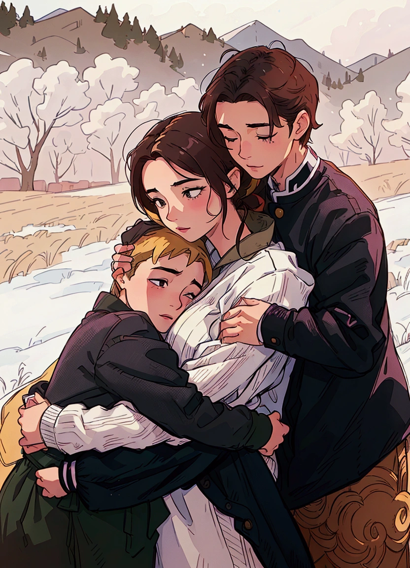 (best quality:0.8) perfect anime illustration, a woman and two boys hugging each other in a field, husband wife and son, family photography, photo of a beautiful, profile pic, beautifully, stylized photo, absolutely outstanding image, saturated colorized, profile image, beautiful, in the snow, gentle calm doting pose, portrait of family of three, intricate masterpiece, hugging each other, motherly