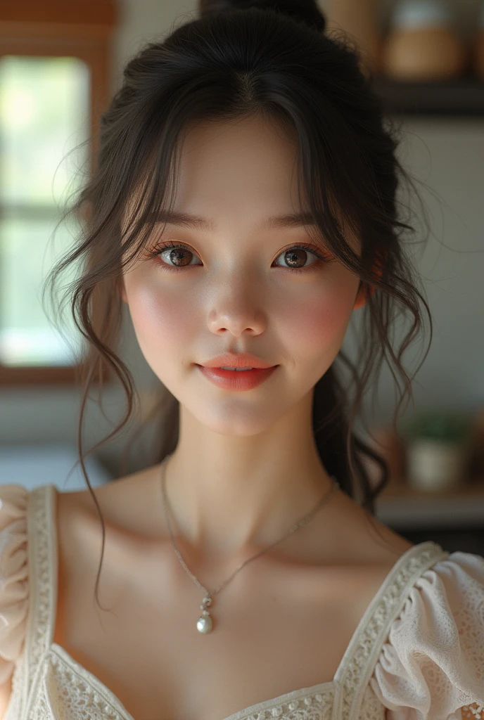 (8ก, best quality, Masterpiece: 1.2), (realistic, realistic, photorealistic: 1.37), 1 woman, hyper detail, beautiful eye details, Beautiful, detailed nose, (((1 girl))), ta dress, 7 minutes, kitchen, smile,